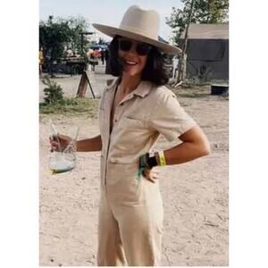 Ilana Kohn Cotton/ Linen Tia Short Sleeve Coverall Jumpsuit in Tan Size 12